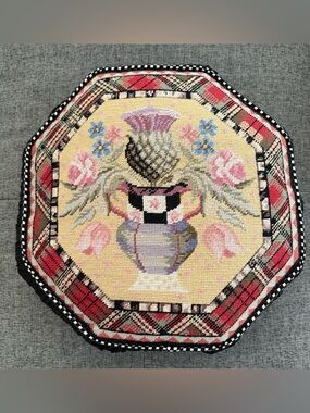 MacKenzie-Childs Floral Thistle Needlepoint Octagonal Mat in Red, Pink, Cream